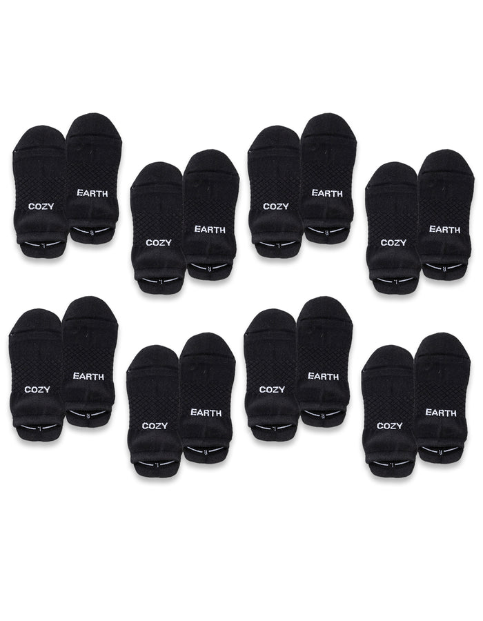 The Cozy Earth Essential Ankle Sock 8-Pack features black ankle socks with a simple, solid design. Each pair displays either "COZY" or "EARTH" in white on the toes. Socks are neatly arranged in rows. |Color:Black