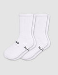 Two pairs of Cozy Earth Women's Essential Calf Socks in white, featuring ribbed cuffs and small black lettering on the soles, are laid side by side on a light gray background.|Color:White
