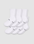 Six pairs of Cozy Earth Men's Essential Calf Socks in white are arranged in two rows on a light gray background, each featuring small black text and a symbol near the toes and ribbed cuffs.|Color:White