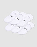 Six pairs of Cozy Earth Men's Essential No-Show Socks are stacked on a plain white background, each featuring "COZY" printed in black near the heel opening.|Color:White