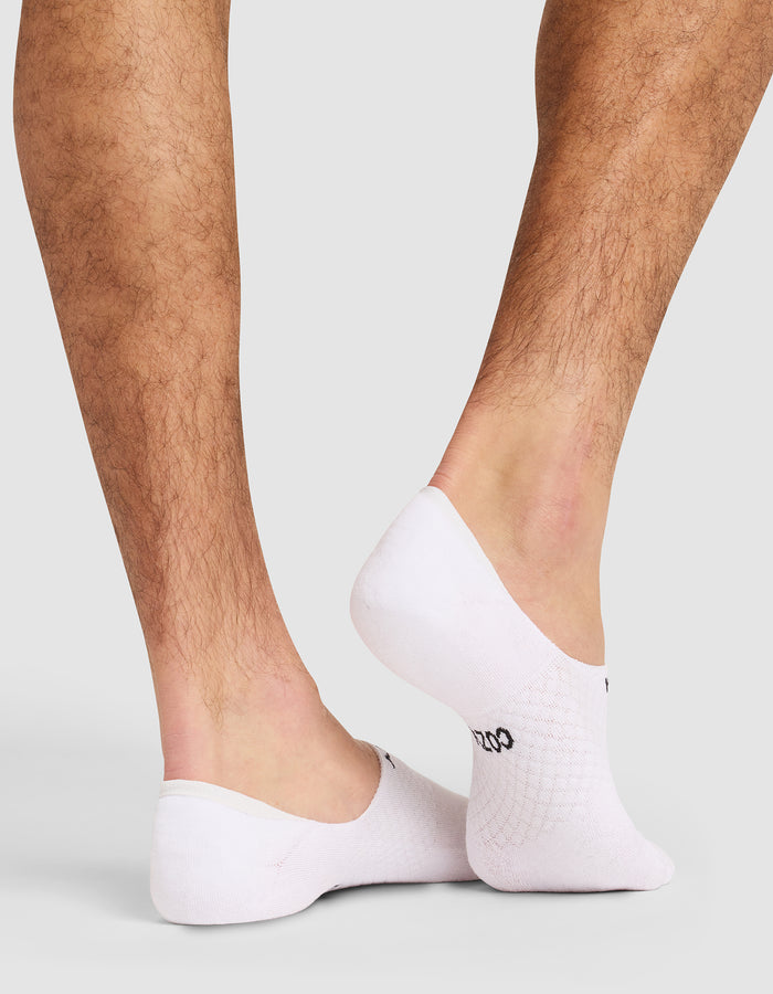 A close-up of a person's lower legs and feet showcases Cozy Earth's Essential No-Show Sock in white. The socks cover only the feet, leaving ankles and most of the legs bare against a light gray background. |Color:White