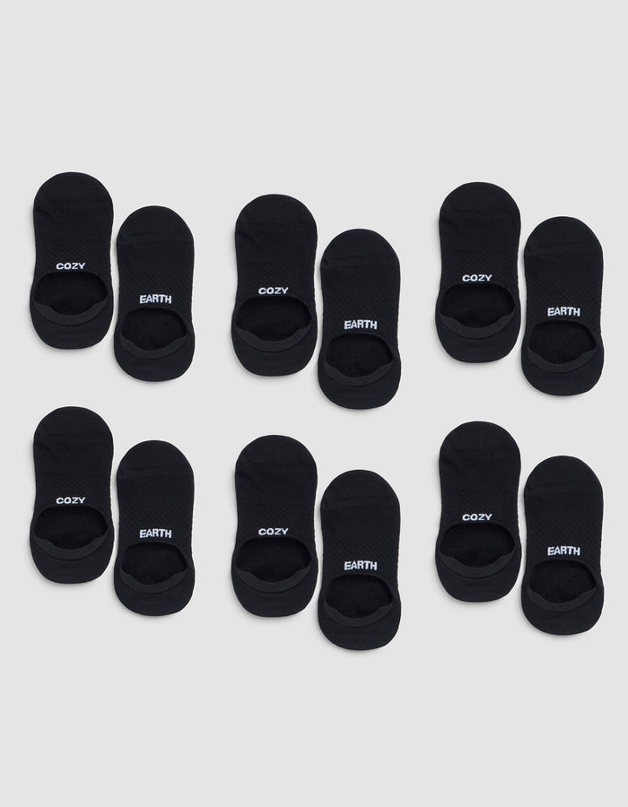 Six pairs of black Essential No-Show Socks by Cozy Earth are arranged in four rows on a light gray background, each labeled "COZY" or "EARTH" near the opening. |Color:Black