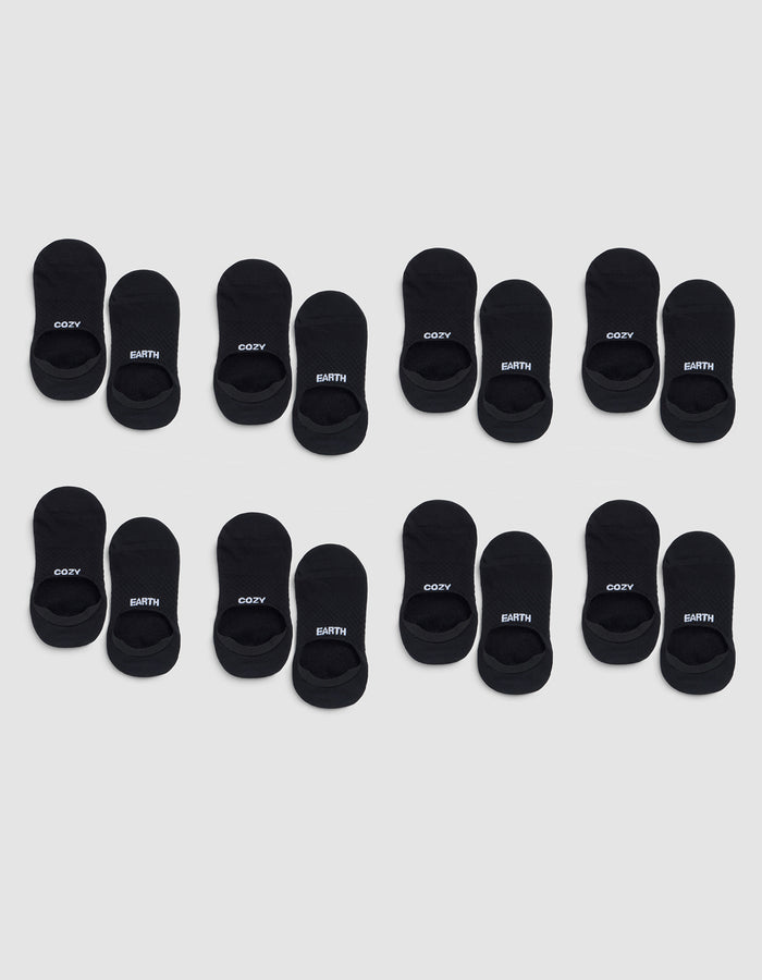 Eight pairs of Cozy Earth Essential No-Show Socks are arranged in three rows on a light gray background, with "COZY" and "EARTH" printed in white letters on the black socks. |Color:Black