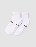 The Cozy Earth Men's Essential Quarter Sock features white ribbed cuffs and a discreet black text design on the sides, displayed against a plain light background.|Color:White