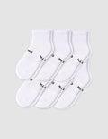 Six pairs of Cozy Earth Men’s Essential Quarter Socks in white are neatly displayed on a plain background, each featuring a ribbed cuff and black text by the toes. |Color:White