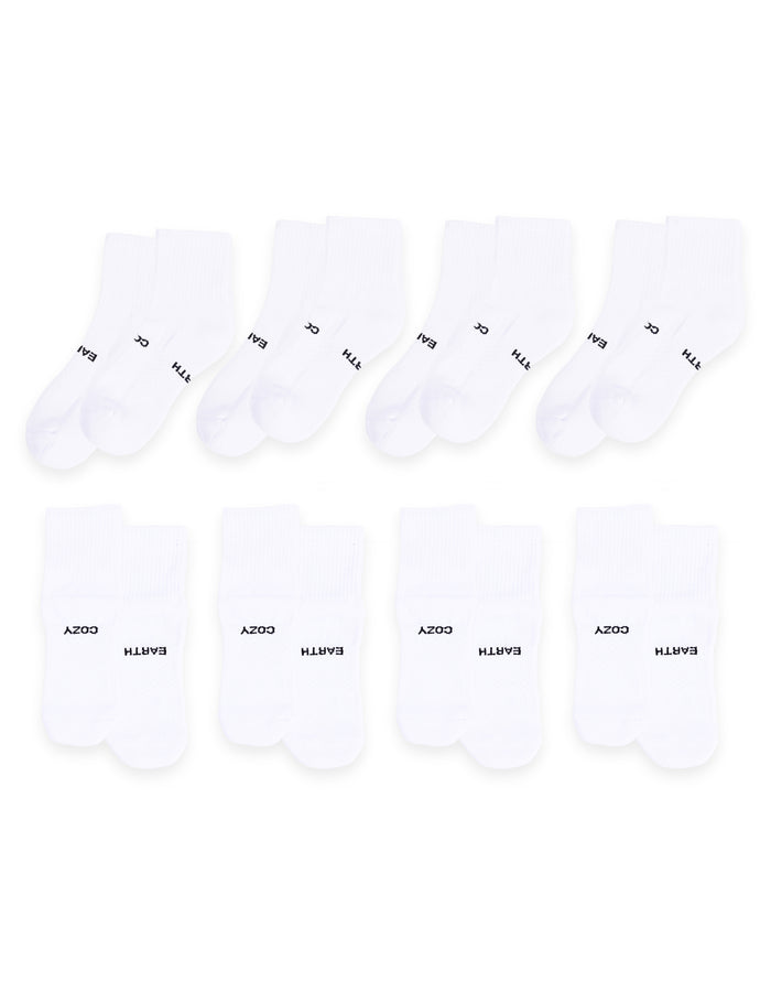 An 8-pack of white Essential Quarter Socks by Cozy Earth, each pair laid out flat with "EARTH" and "COZY" printed in black on the cuffs. |Color:White