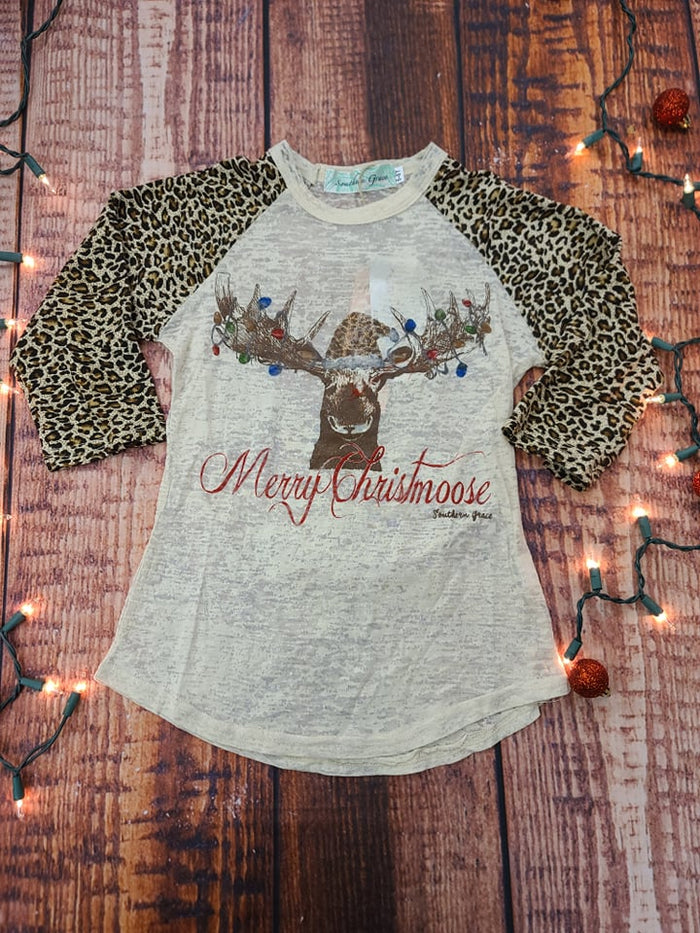 Merry Christmas Deer Cheetah Raglan