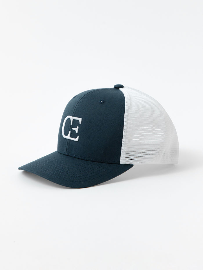Navy and white cap with a CE logo on a light gray background |Color:Navy/White