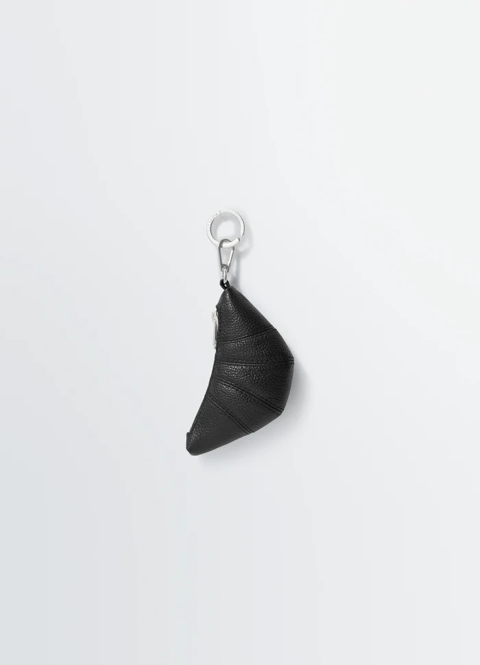 Mini Croissant Keyring in Black Grained Leather, product shot, Side view Half-moon shape