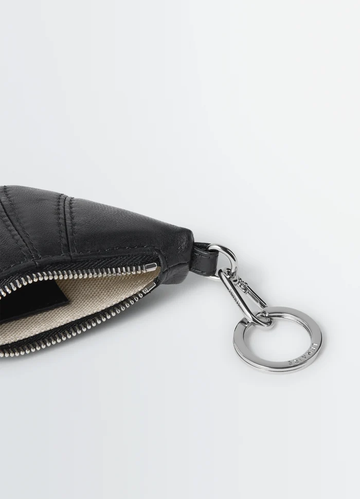 Mini Croissant Keyring in Black Nappa Leather, product shot, top detail shot visible metal zipper