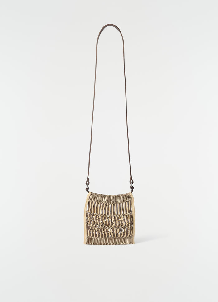 Mini crossbody woven filt net bag in beige and brown with leather strap LEMAIRE plain white background