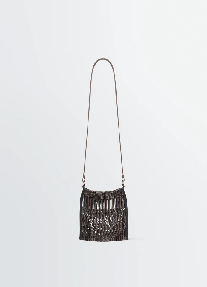 Lemaire Mini Crossbody Filt Net Bag in Nylon Mesh with Leather Strap, product shot, Front view Woven net design