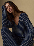 | Miramar Linen Deep V Sweater - Navy Stripe | Faherty Brand