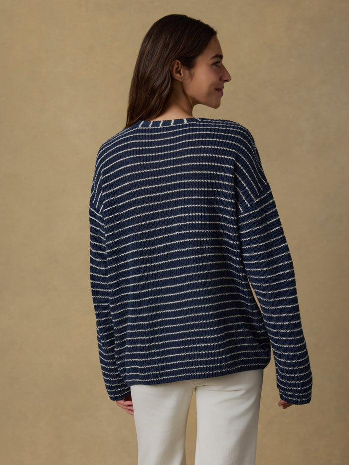 | Miramar Linen Deep V Sweater - Navy Stripe | Faherty Brand