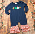 Navy Emb. Christmas Ruffle Romper