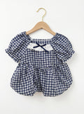 🎀 Navy Gingham Puff-Sleeve Top with Lace Collar