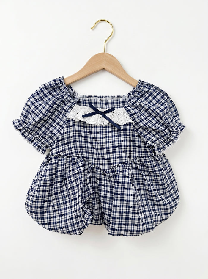 🎀 Navy Gingham Puff-Sleeve Top with Lace Collar