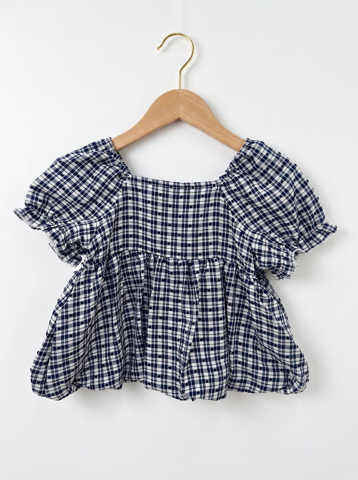 🎀 Navy Gingham Puff-Sleeve Top with Lace Collar