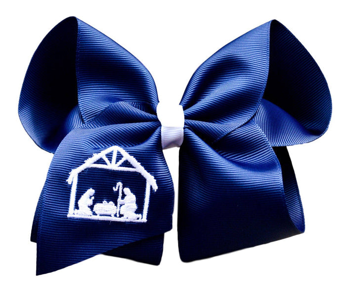 Navy Nativity Embroidered Hair Bow