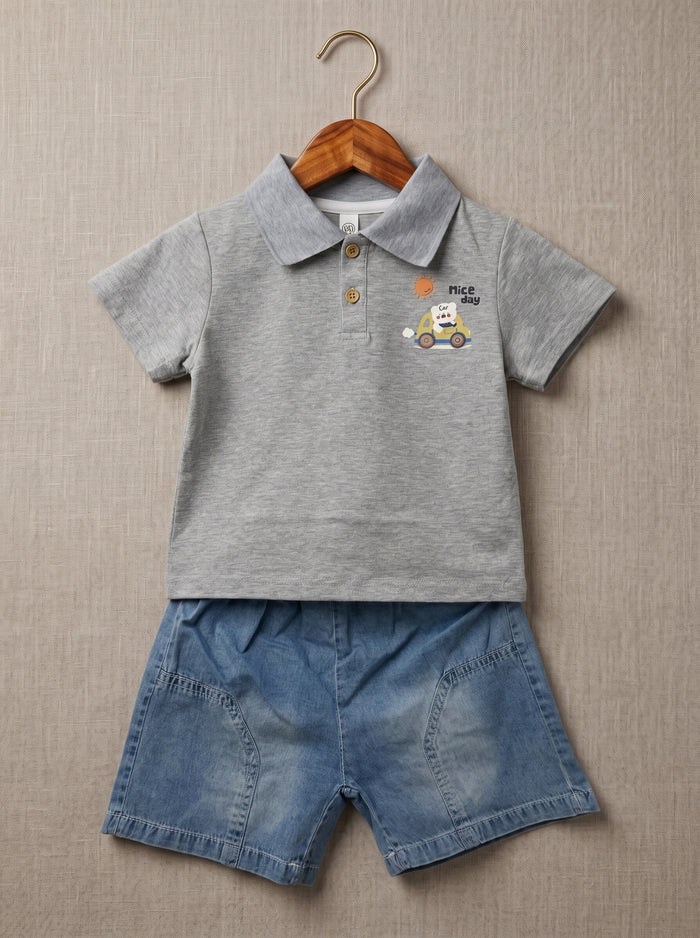💙 Nice Day Polo & Denim Shorts Set