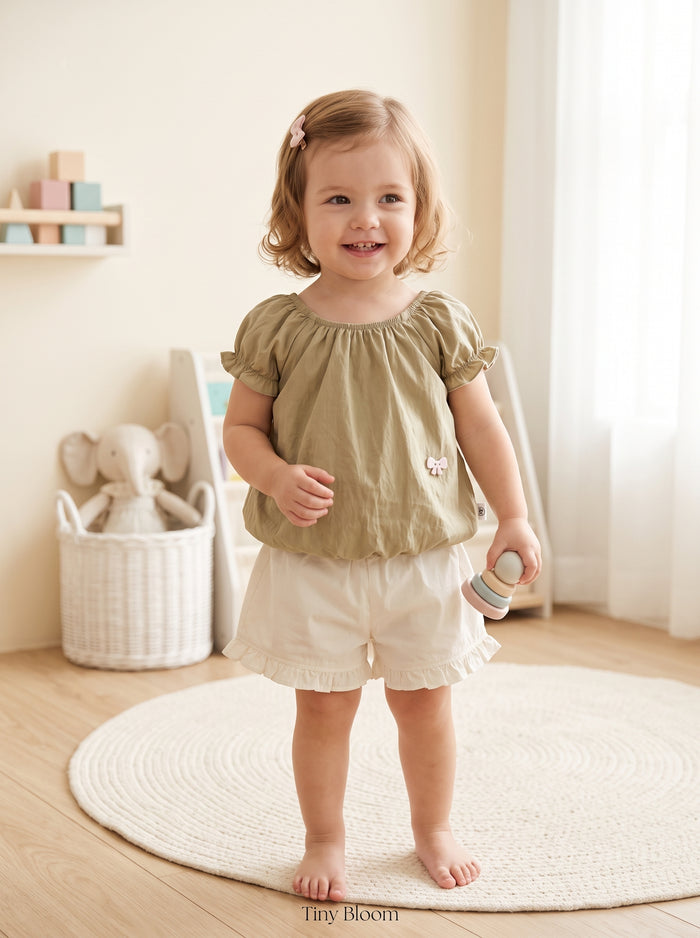 🎀 Olive Bubble Top & Cream Ruffle Shorts Set
