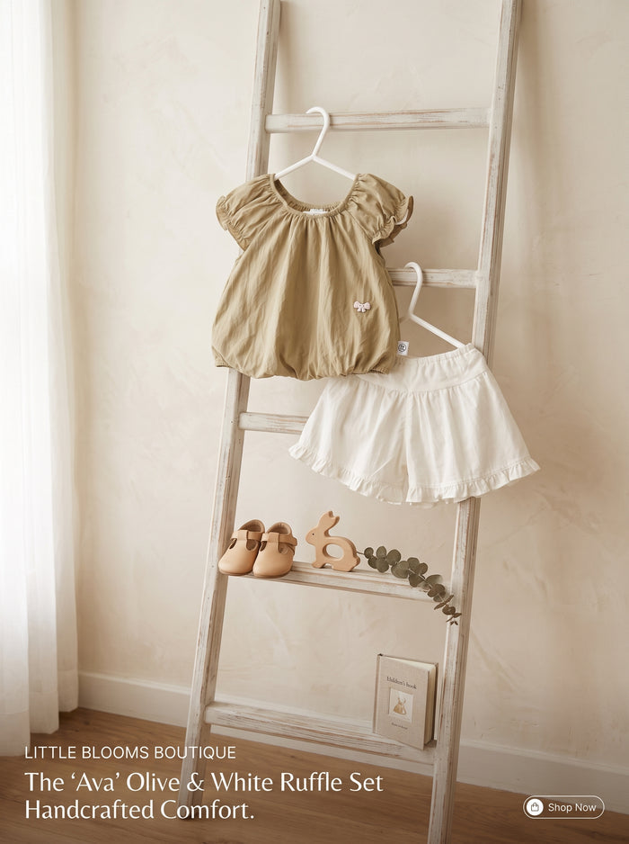 🎀 Olive Bubble Top & Cream Ruffle Shorts Set