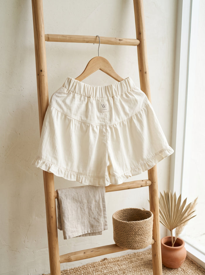 🎀 Olive Bubble Top & Cream Ruffle Shorts Set
