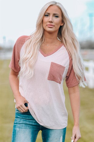 Pink V Neck Pocket Top
