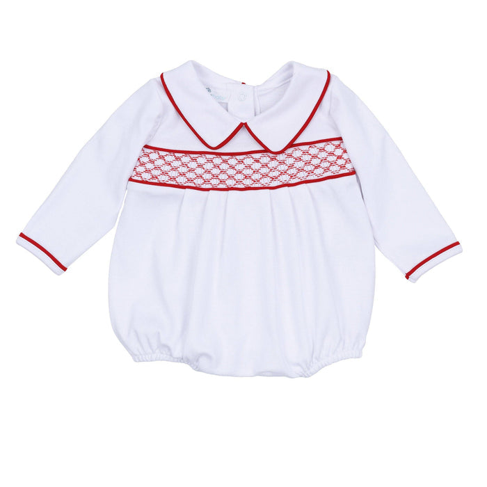 Red and White Essentials Smocked Long Sleeve Boy Bubble