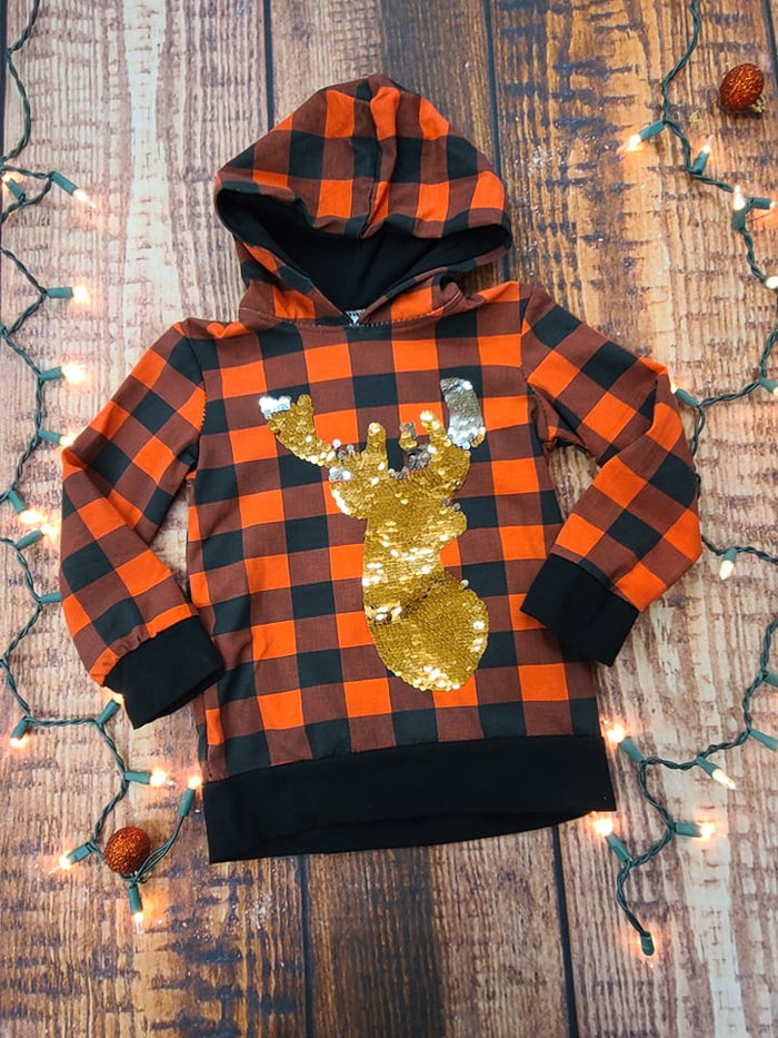 Red/Blk Plaid Sequin Deer Hoodie