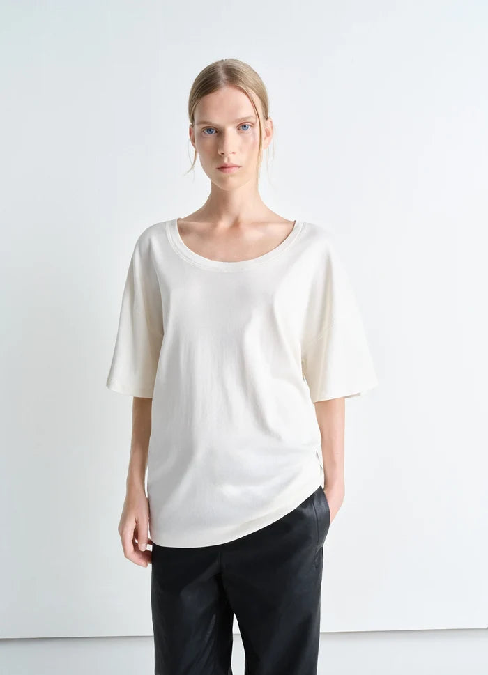 Lemaire Rib Collar T-Shirt in Mid-weight Cotton Jersey, model shot, Front view Loose cut, open crewneck