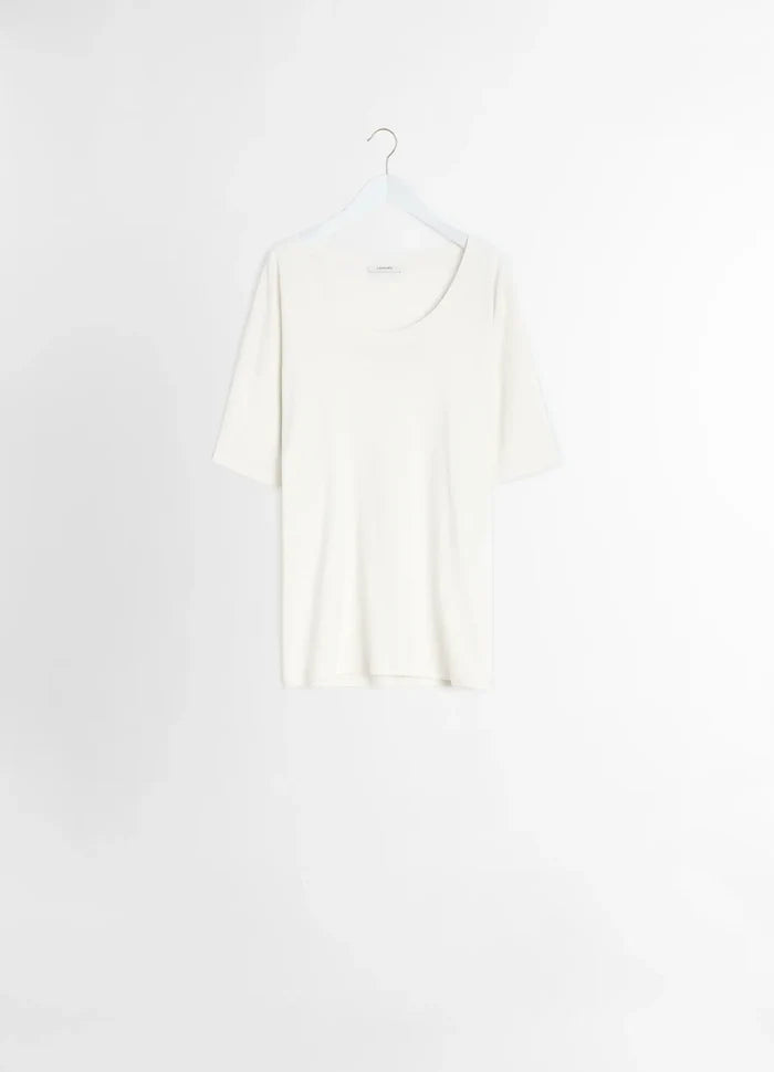 Lemaire Rib Collar T-Shirt in Mid-weight Cotton Jersey, product shot, hanging back view ribbed collar detail