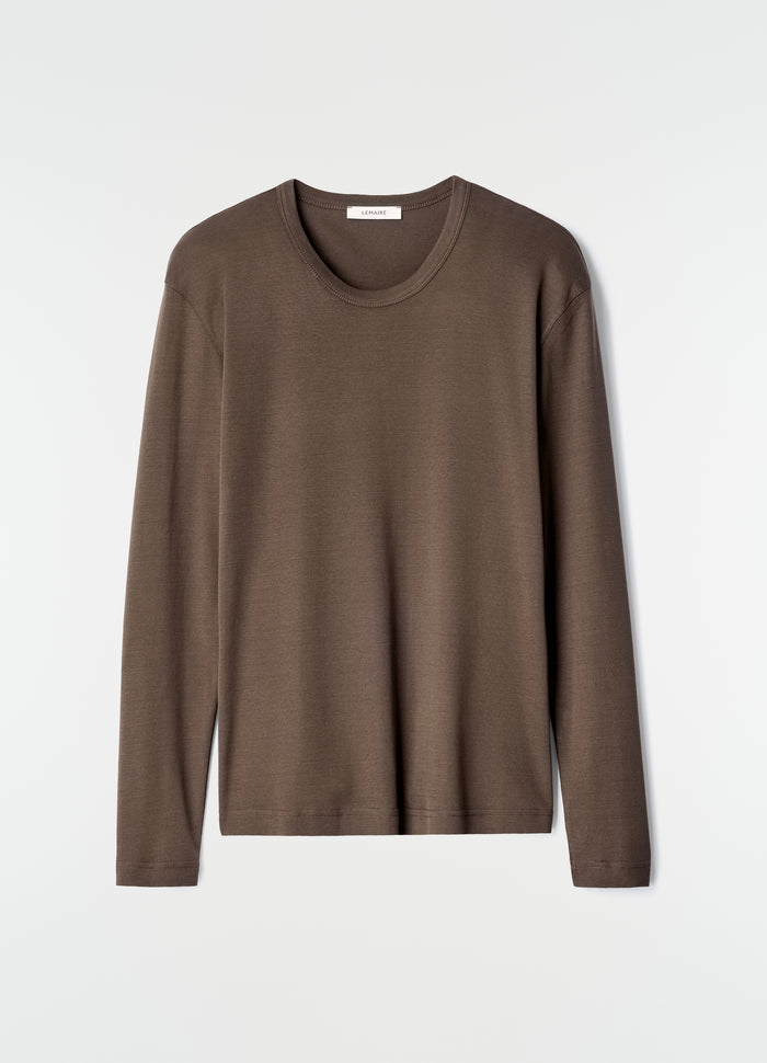 Rib long sleeve jersey top in brown by LEMAIRE flat lay on white background front view, primary product shot