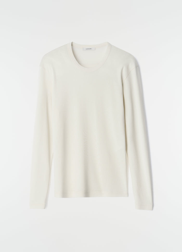 Rib long sleeve cream jersey top by LEMAIRE front view on plain white background, primary product shot