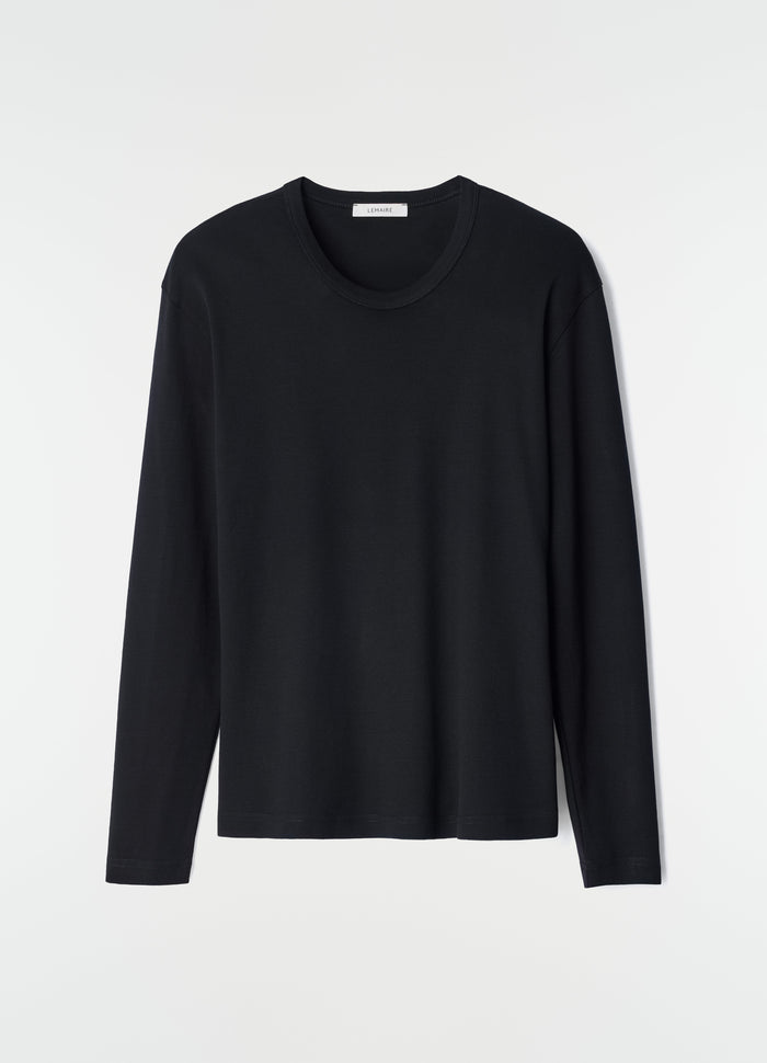 Rib long sleeve cotton jersey top in black by LEMAIRE front view on plain white background, primary product shot