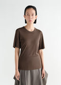 Rib jersey brown t-shirt worn by model front view LEMAIRE