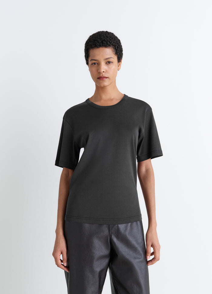 Lemaire Rib T-Shirt in Jersey in Mid-weight Cotton Jersey, model shot, Front view Loose cut, dropped shoulders