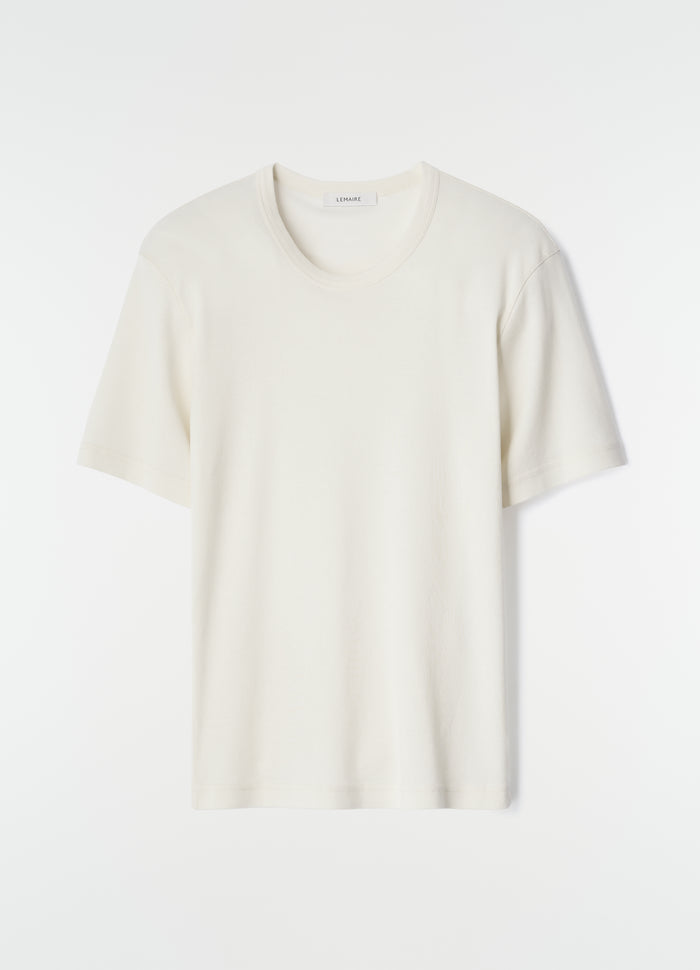 Rib cotton jersey T-shirt in off-white by LEMAIRE flat lay on white background, primary product shot