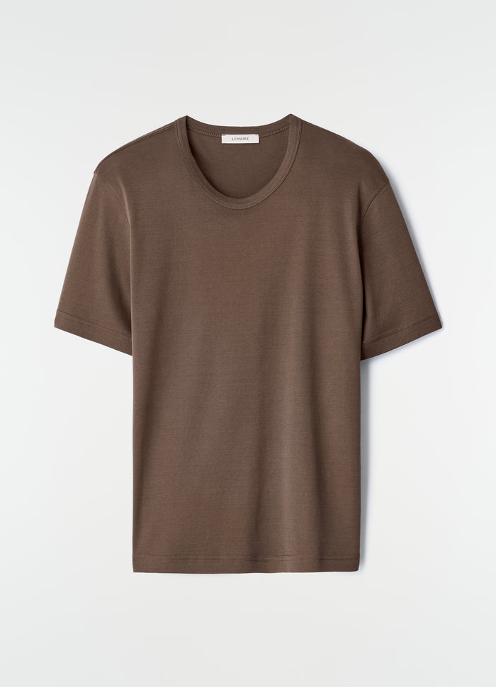 Rib brown jersey cotton T-shirt LEMAIRE laid flat front view with round neckline and short sleeves, primary product shot