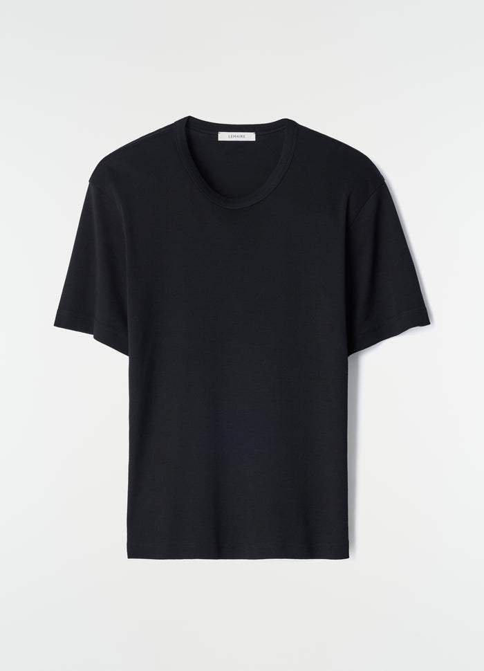 Rib black cotton jersey t-shirt by LEMAIRE flat lay on white background front view, primary product shot