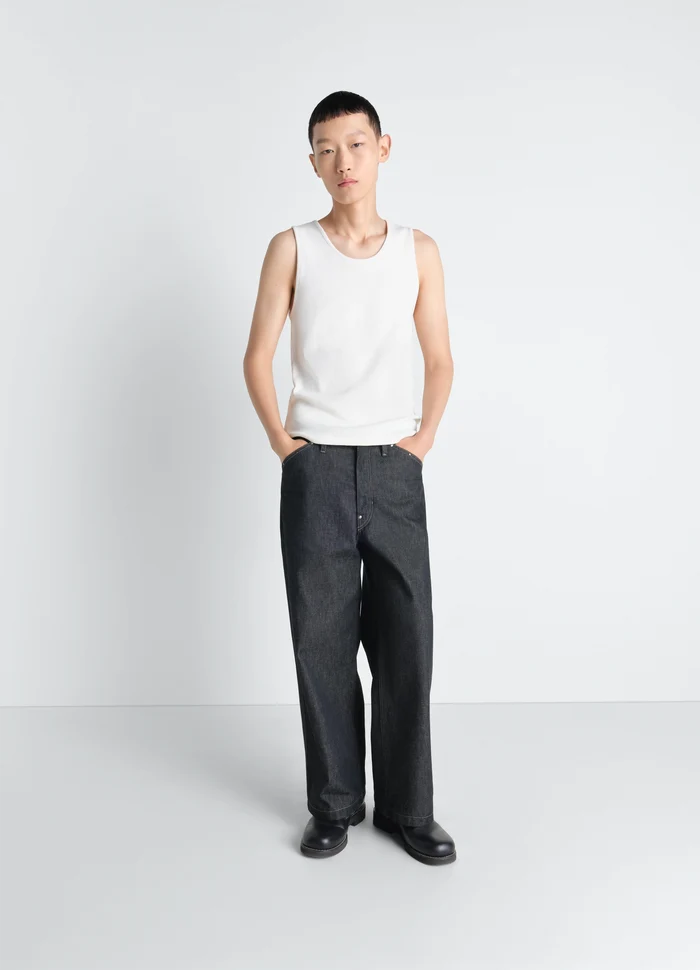 Rib Tank Top in White Ribbed Cotton Jersey, model shot, side view relaxed cut