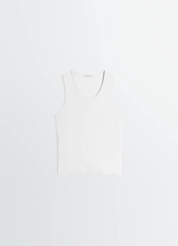 Rib Tank Top in White Ribbed Cotton Jersey, product shot, back view scoop neck design
