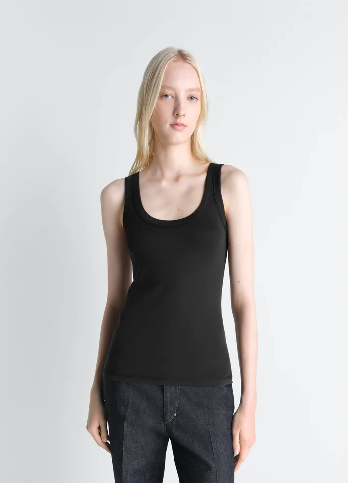 Lemaire Rib Tank Top in Black Cotton Jersey, model shot, Front view Fitted shape