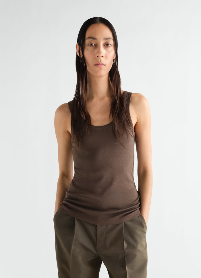 Rib tank top in brown jersey worn by model front view LEMAIRE
