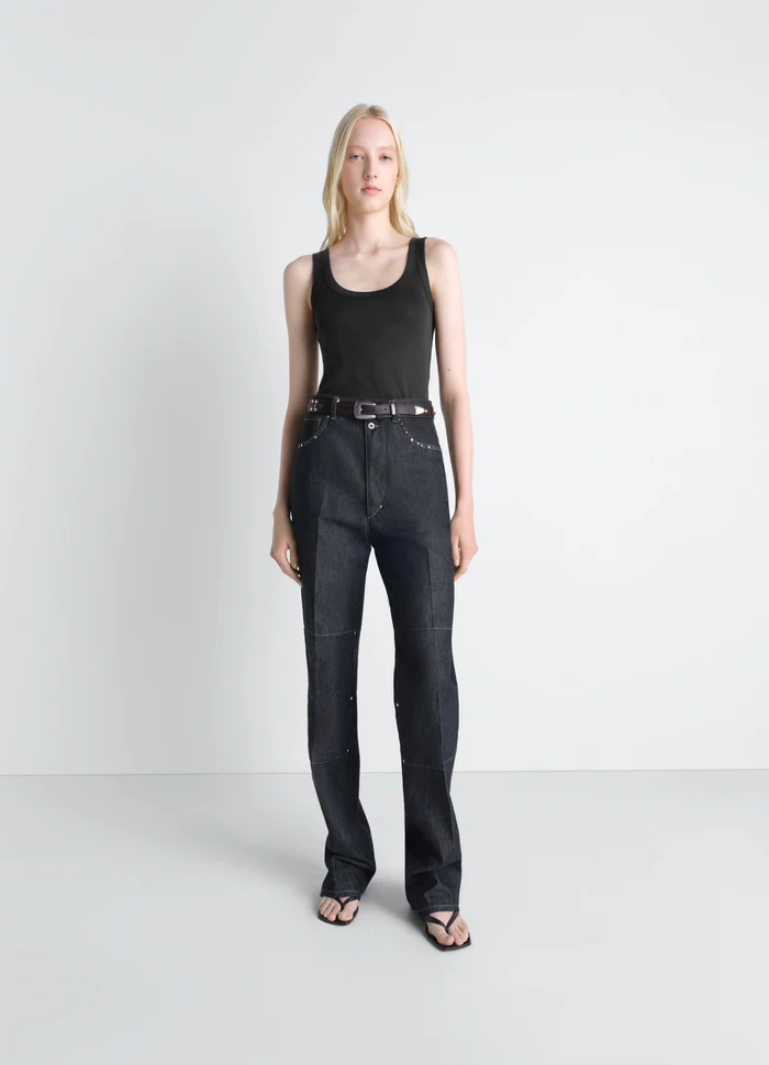 Lemaire Rib Tank Top in Black Cotton Jersey, model shot, three-quarter view scoop neckline