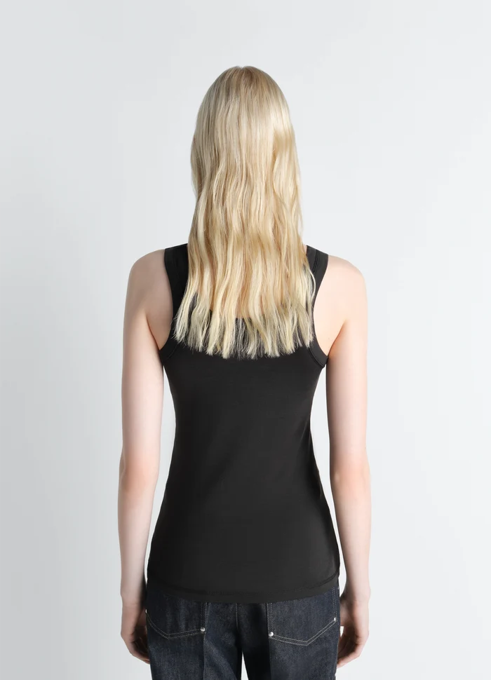 Lemaire Rib Tank Top in Black Cotton Jersey, model shot, back view sleeveless cut