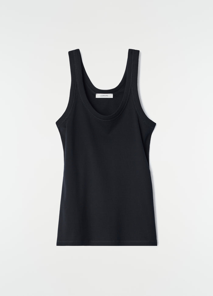 Rib black jersey tank top with scoop neck LEMAIRE flat lay on white background, primary product shot