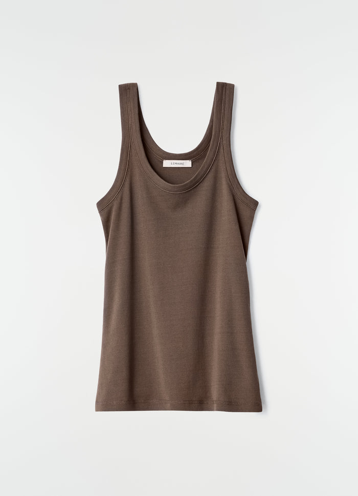 Rib jersey tank top in brown LEMAIRE flat lay on white background with scoop neckline and thick straps, primary product shot