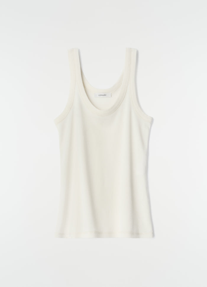 Rib jersey tank top in off-white cotton by LEMAIRE flat lay on white background front view, primary product shot