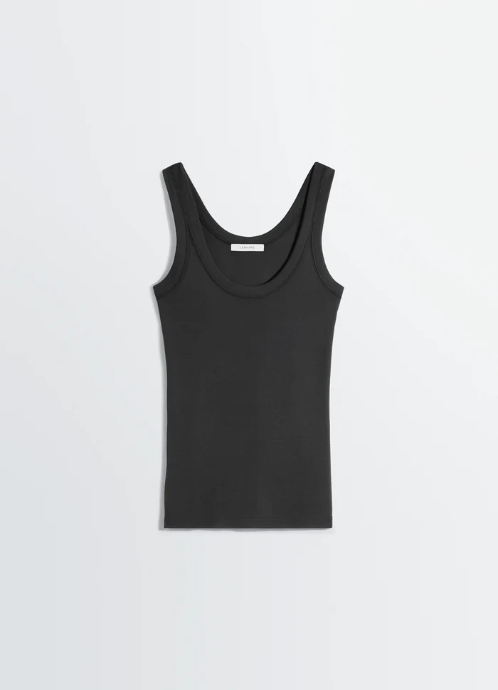 Lemaire Rib Tank Top in Black Cotton Jersey, product shot, top-down view ribbed texture visible